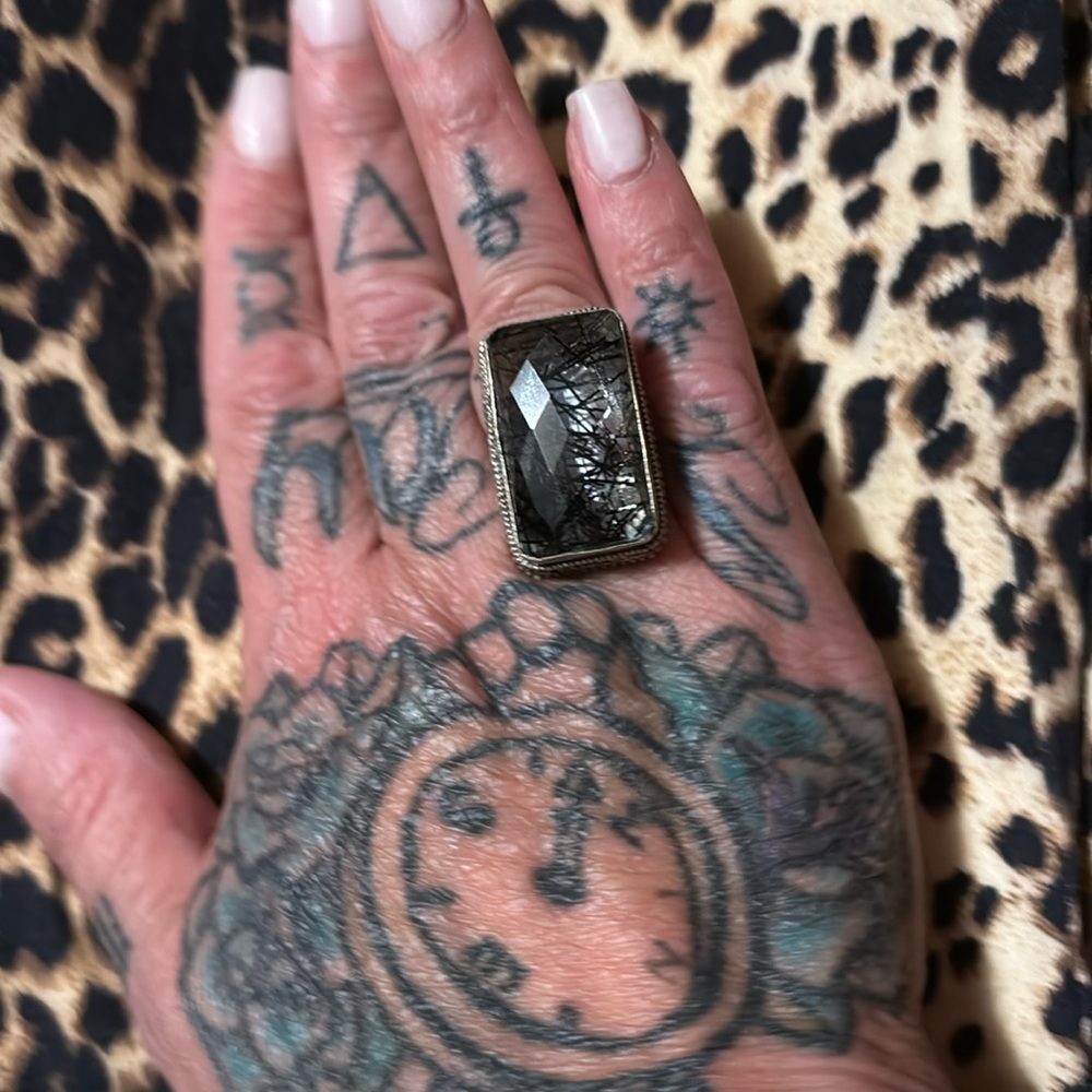 Beautiful Faceted RutilatedClear Quartz and  Black Tournaline Ring Sz 7.5